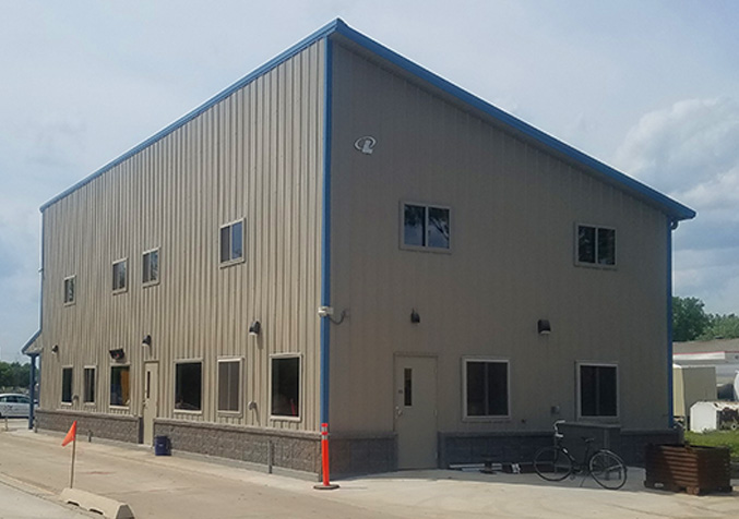 commercial building, white with blue accents